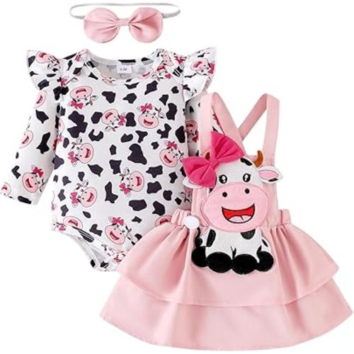 Baby Girl Clothes Fall Winter Outfits Cute Print Infant Romper Suspender Skirt with Headband 3pc Set 0-24 Months