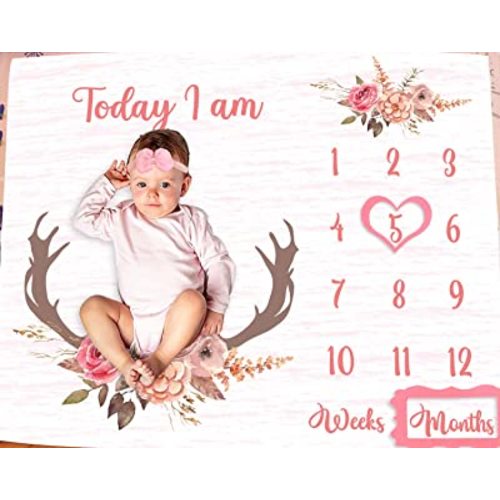 Monthly Milestone Blanket for Baby Girl, Deer Antler Flowers with Words Pink Baby Growth Chart Monthly Blanket | Includes Markers 47"x47" BTLSPH68