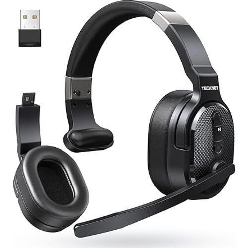 TECKNET Bluetooth Trucker Headset, Single and Dual Ear Wireless Headset with Mic for Work Noise Cancelling, 50Hrs 3 EQ Music Modes Trucker Bluetooth Headphones for PC, Drivers, Office, Call Center