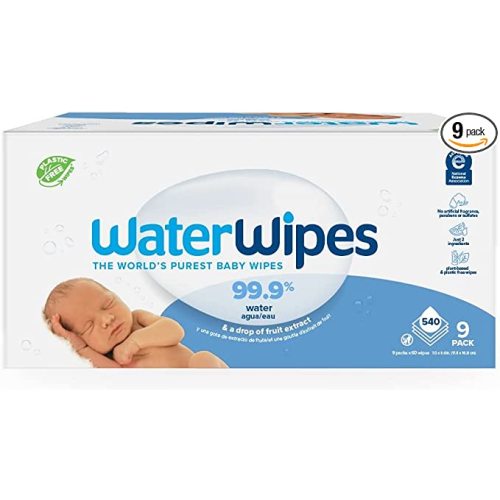 WaterWipes Plastic-Free Original Baby Wipes, 99.9% Water Based Wipes, Unscented & Hypoallergenic for Sensitive Skin, 540 Count (9 packs), Packaging May Vary