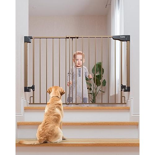 Cumbor 29.2-43" No Bottom Bar Baby Gate for Stairs, 2-in-1 Auto Close Dog Gate Indoor, Hardware Mounted Pet Gate for Doorways with Large Walk Thru Door, Child-Proof Safety Gate for Kids (Brown)