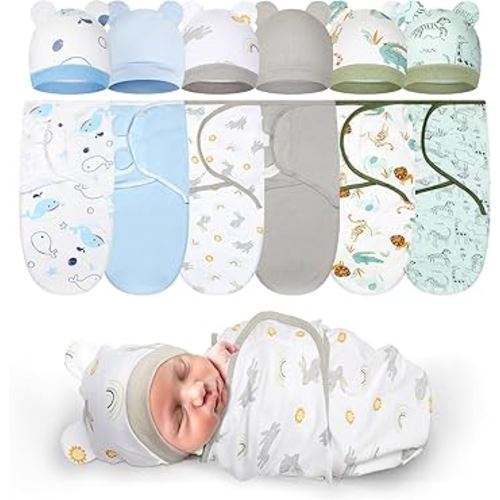 Ramede 6 Pack Preemie Swaddle Blanket with Hats Sleep Swaddle for Baby Boy Girl Preemie Newborn Sacks Soft Cotton Wearable(Whale,Blue and Green)