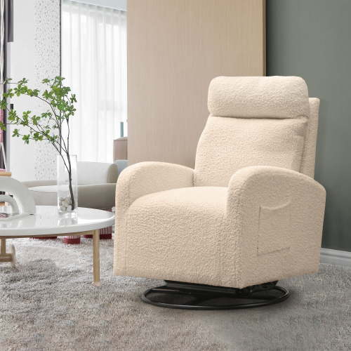 Muumblus Nursery Swivel Glider Rocker, Upholstered Beige Velvet Chair with Headrest and Lumbar Pillow