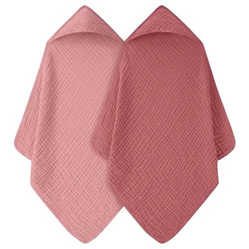 Baby Bath Towels, 100% Muslin Cotton Hooded Baby Towels Girl for Newborn, 2 Pack Pink Baby Towels with Hood for Infant Toddler and Kids, Large 32x32Inch, Soft and Absorbent