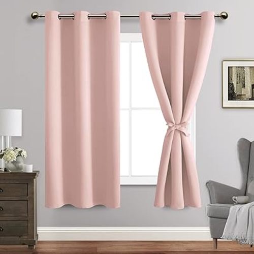 JIUZHEN Blackout Curtains with Tiebacks - Thermal Insulated, Light Blocking and Noise Reducing Grommet Curtain Drapes for Bedroom and Living Room, Set of 2 Panels, 42 x 63 Inch Length, Blush Pink