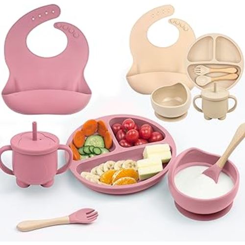 Silicone Baby Feeding Set, 12Pcs Baby Led Weaning Supplies, Includes Baby Suction Bowls and Plates, Silicone Baby Bibs, Silicone Baby Cup, Silicone Baby Spoons and Forks (2 Sets Beige & Pink)