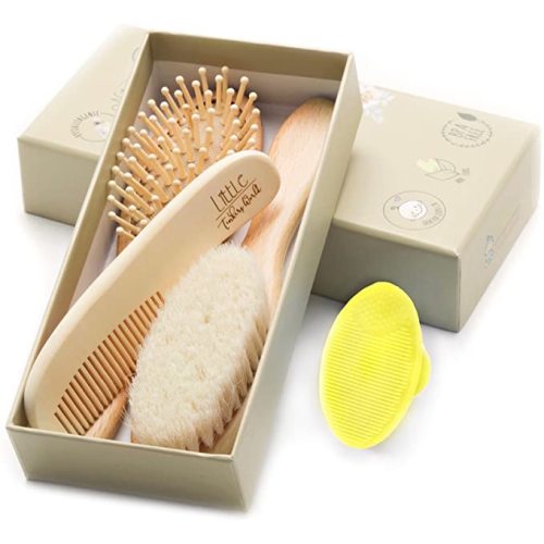 Wooden Baby Hair Brush and Comb Set (4-Piece) for Newborns and Toddlers | Ideal for Baby Cradle Cap | Wood Bristles Baby Brush | Baby Massage and Scalp Brush | Perfect for Baby Registry Gift Set