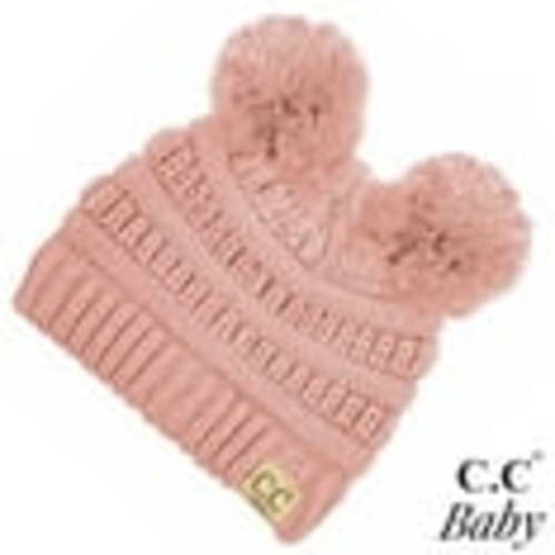 CC Baby Double Pom Cable Knit Yarn Pom Newborn to 9 Months Infant Beanie Indi Pink - Soft, Warm Hats for Babies and Toddlers - Cozy Winter Wear