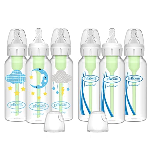Dr. Browns Natural Flow Anti-Colic Options+ Narrow Baby Bottles 8 oz/250 mL, with Level 1 Slow Flow Nipple, 6 Pack, 0m+ Moon/Clouds Gift Set