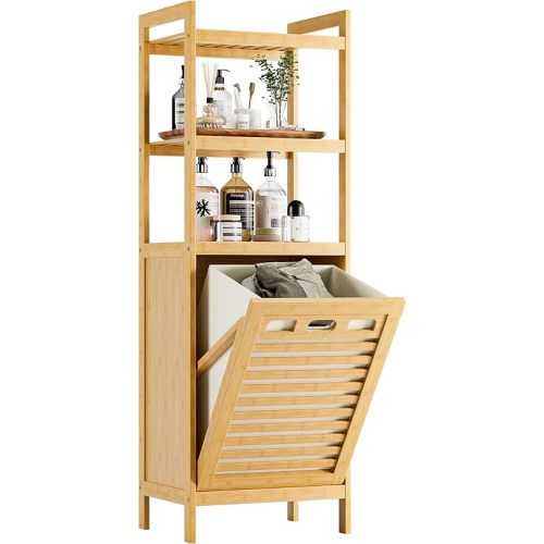 HITNET Tilt Out Laundry Hamper, Bamboo Laundry Basket with Foldable Bag and 3 Open Shelves, Freestanding Clothes Storage organizer for Bedroom, Bathroom, Living Room, Natural