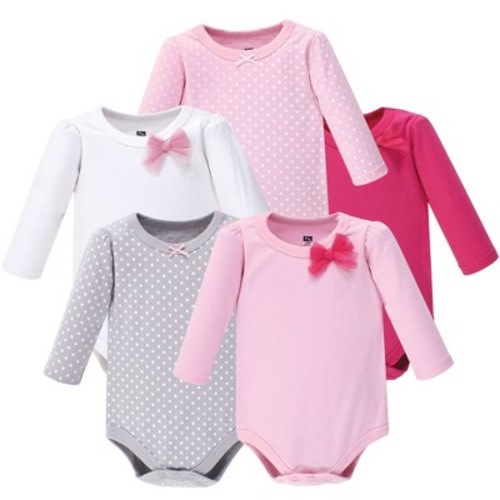 Hudson Baby Infant Girl Cotton Long-Sleeve Bodysuits 5pk, Basic Bow, 0-3 Months