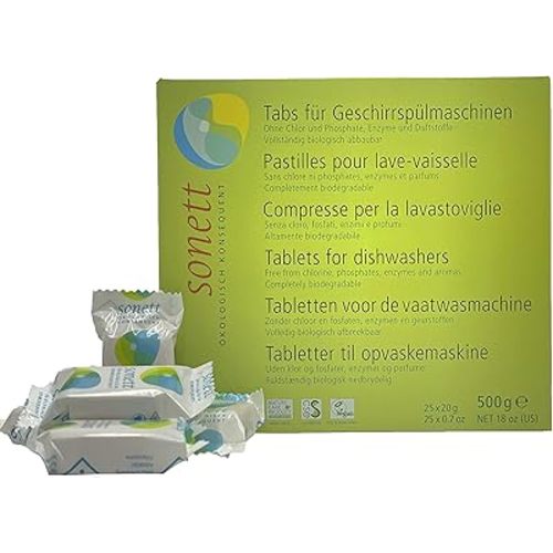 Sonett Organic Dishwasher Tablets 25 Count Deep Clean Dish Tab Fresh Scent 25 tablets x 0.67oz,18 fl.oz/ 500gr (1 Count)