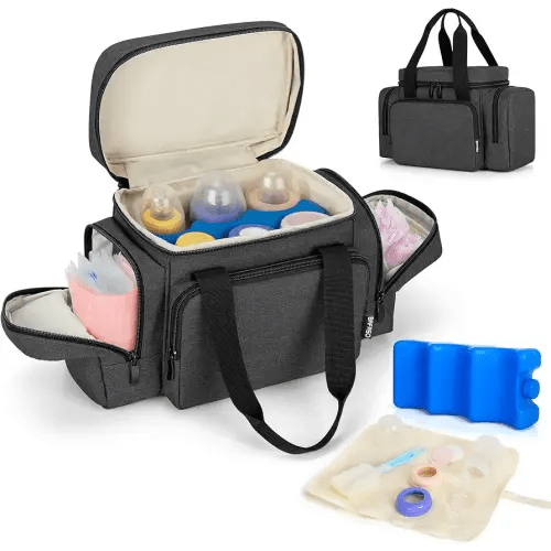 BAFASO Breastmilk Cooler Bag with Ice Pack and Waterproof Pad (Fits 6 Bottles, 4 to 5 Ounce), Breastmilk Cooler with Multiple Pockets, Black