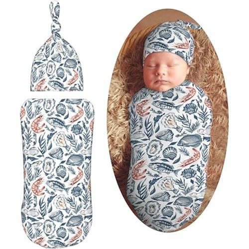 Fish and Shrimps Newborn Swaddle Blankets Hat Sets Soft Baby Receiving Blanket Swaddle Sack for Baby Shower Infant Boy Girl Gift