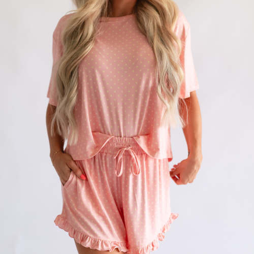 Women's Ruffle Short Set in Pink Polka Dot