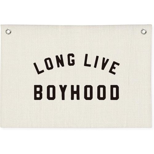 "Long Live Boyhood" Wall Banner 20x30 Inch - Boys Room Decor, Linen Canvas Wall Hanging for Toddler Playroom, Rustic Nursery Sign, Adventure Theme Kids Bedroom Banner - White