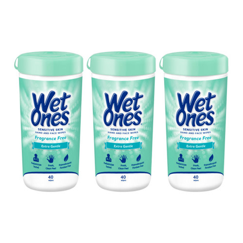 Wet Ones Sensitive Hand and Face Wipes, Sensitive Skin, Fragrance Free, 40 Count Canister (Pack of 3)