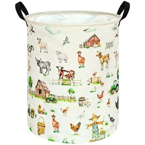 ACMUUNI 19.7 Inch Farm Pattern Round Kids Round Laundry Clothes Hamper Dino Laundry Basket with Handles,Baby Toys Storage Organizer Bins Laundry Gift Basket for Boys and Girls Room, Bedroom Decor