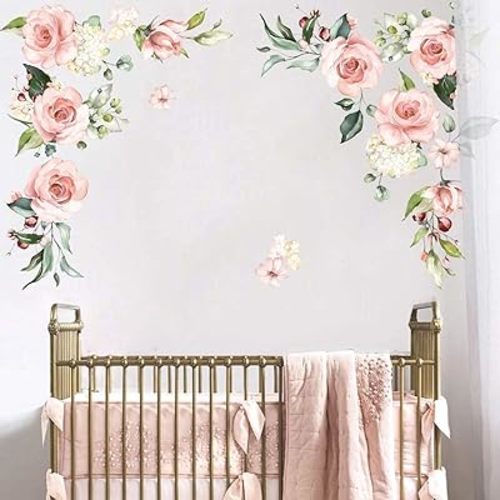 decalmile Large Pink Flower Wall Decals Pink Blossom Floral Wall Stickers Girls Bedroom Living Room Nursery Wall Decor