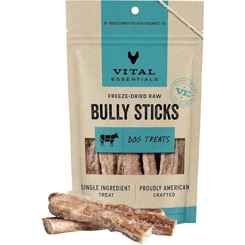 Vital Essentials Bully Sticks Dog Treats, 1.4 oz | Freeze-Dried Raw | Single Ingredient | Premium Quality High Protein Training Treats | Grain Free, Gluten Free, Filler Free