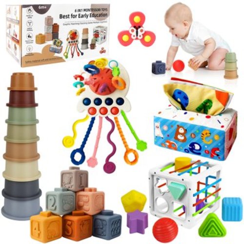 6 In 1 Montessori Toys For Babies 6-12 Months Up - Incl Pull String Toy, Stacking Cups, Tissue Box, Suction Cup Spinner, Stacking Blocks,Activity Cube, Baby Toys For 1 2 3 Year Old