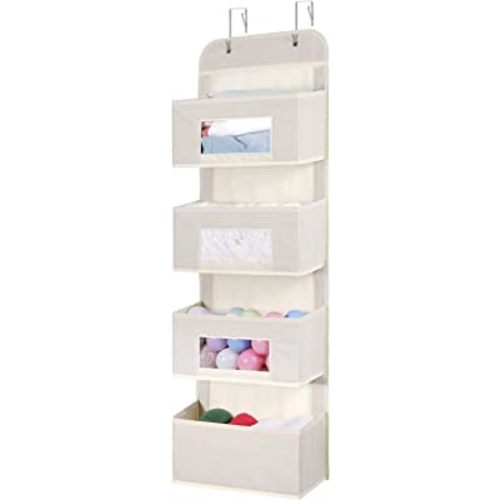 4-Shelf Over The Door Hanging Organizer with 2 Metal Hooks,4 Pocket Swing-proof Behind Door Organizers with Clear Windows for Nursery Bathroom Closet,Bedroom,Dorm,Baby Diapers,Kids Toys (Beige)