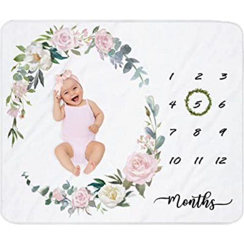 Baby Milestone Blanket Girl|Newborn Monthly Milestone Blanket|Rose Nursery Decor|Baby Girl Photo Background Prop Picture Blanket with Wreath and Headband