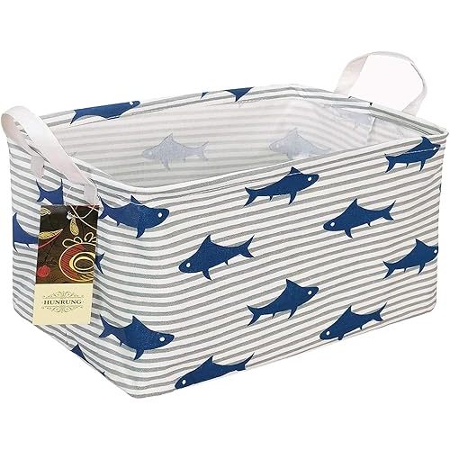 Rectangle Canvas Storage Basket Foldable Waterproof Toy Organizer Bin with Handles Fabric Collapsible Storage Bins for Shelves Kids Room Playroom Nursery Clothes and Pet Supplies(Shark)