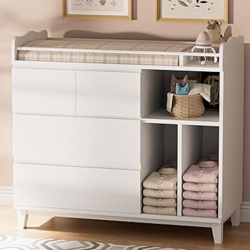 Nursery Dresser with Changing Table Top, Tall Changing Table Dresser of Bedroom, Wooden Dressers & Chests of Drawers, 4 Drawers with 2 Open Shelves, White