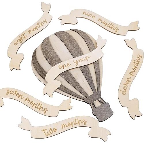 Monthly Baby Milestone Signs - Baby Monthly Milestone Wooden Circles for 1-12 Month Photos & Gender Neutral Announcement Cards (Air Balloon)