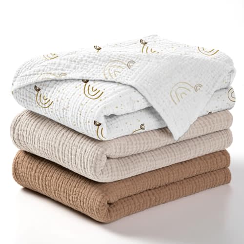 lulumoon Baby Muslin Swaddle Blankets: Soft Receiving Blanket for Newborn - Cotton Swaddling Blanket for Neutral 3Pack(Rainbow Brown)