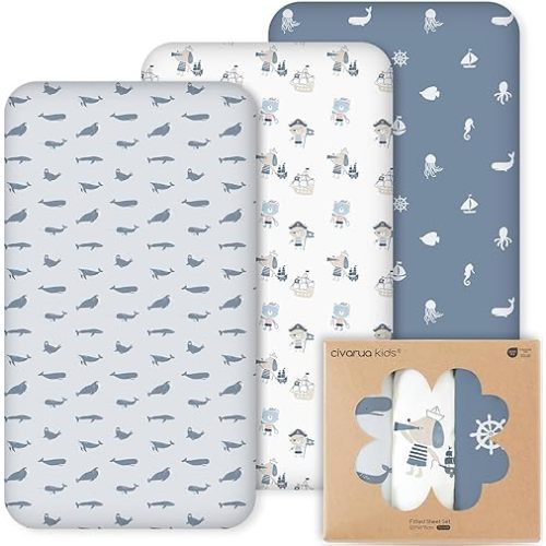 Nap Mat Sheet 47"x24", 3 Pack Blue Ocean Sailor Baby Crib Sheets Fitted Elastic Corners, Preschool Day Care Rest Mat Cover, Soft Breathable - Compatible with Regalo My Cot, Joovy Travel Cot
