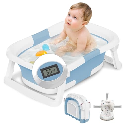 napei Collapsible Baby Bathtub,Baby Bath Tub with Soft Cushion & Thermometer,Baby Bathtub Newborn to Toddler 0-36 Months,Portable Travel Baby Tub (Pale Blue)
