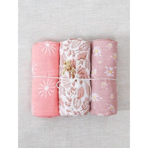 3 Pack Muslim Swaddle Blanket for Girls Breatheable Receiving Blanket Large Size Soft Muslim Baby Blanket (Pink, Floral)