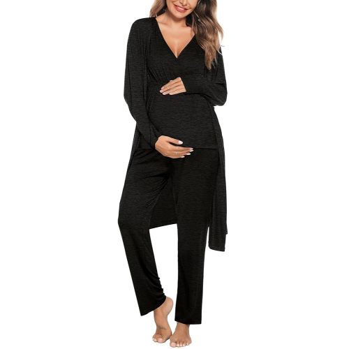 SWOMOG Maternity Nursing Robe Set 3 Piece Postpartum Breastfeeding Pajamas 3 in 1 Hospital Labor Delivery Pregnancy Pjs