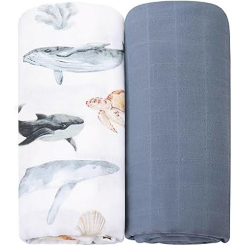 LifeTree Muslin Swaddle Blankets, Baby Swaddling Blanket for Boys Girls Neutral, Super Soft 100% Organic Cotton, Large 47" x 47", Sea Animals Whale & Solid Color, Newborn Baby Registry