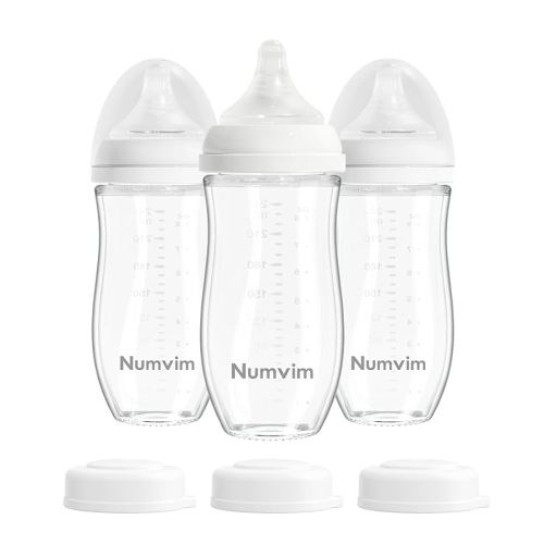 Glass Nurturing Baby Bottles for Breastfeeding Babies, Baby Essentials, Gentle Medium Flow, Wide Neck Bottle with Anti Colic Nipple for 3 Months Babies, 3 Packs (White, 8oz)