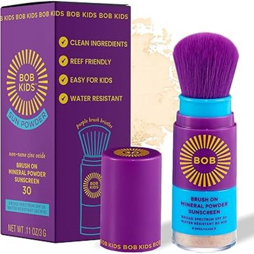 BOB KIDS SPF 30 Brush On Mineral Powder Sunscreen, Broad Spectrum Protection, Water Resistant 80 Mins, Fragrance Free, Easy to Apply for Kids & Babies, Mfg in USA