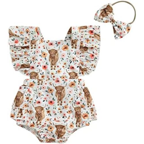 Karuedoo Western Baby Girl Clothes Cow Print Romper Ruffle Sleeveless Jumpsuit Bodysuit Headband Infant Cowgirl Outfit