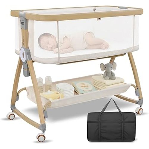 Bassinet Bedside Sleeper,Baby Bassinet,Rocking Bassinet,4-in-1 Full Mesh Quick Assembly Portable Bedside Crib with Mattress,Mosquito Net,6-Level Height Adjustable Bassinet with Travel Bag for Newborn