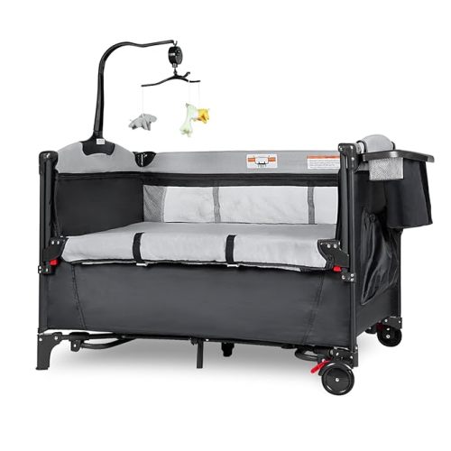 5-in-1 Pack and Play, Baby Bassinet Bedside Sleeper with U-Shaped Diaper Changer, Portable Baby Playard for Newborn Toddlers, Baby Crib with 4 Adjustable Height, Carry Bag, Easy to Install (Black)