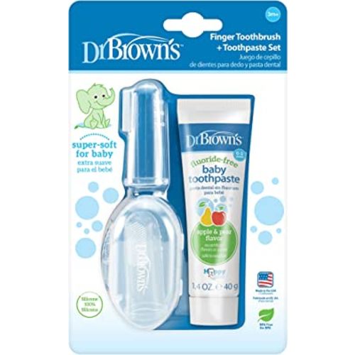 Dr. Brown’s 100% Silicone Baby Finger Toothbrush and Toothpaste Set, 2-Pack Toothbrush with Storage Case, Fluoride-Free Apple Pear Toddler Toothpaste