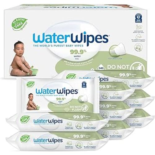 WaterWipes Plastic-Free Textured Clean, Toddler & Baby Wipes, 99.9% Water Based Wipes, Unscented & Hypoallergenic for Sensitive Skin, 540 Count (9 packs), Packaging May Vary