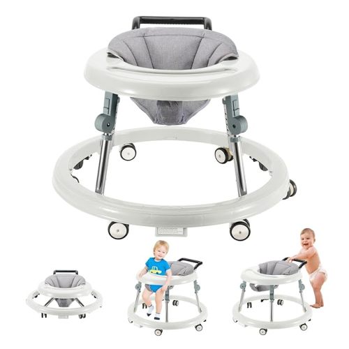 Baby Walker Foldable with 6 Adjustable Heights, Baby Walker with Wheels Portable, Infant Toddler Walker for Baby Boy Girls 6-18 Months (White)
