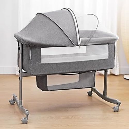 Bedside Crib for Baby, 3 in 1 Bassinet with Large Curvature Cradle, Bedside Sleeper Adjustable and Movable Beside Bassinet with Mosquito Nets, Safety Certificattion Guarantee (Deep Grey)