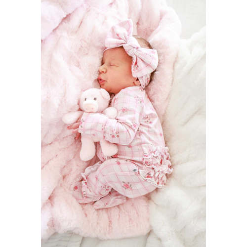 Ruffle Zipper Bamboo Footie in Primrose Plaid | Caden Lane