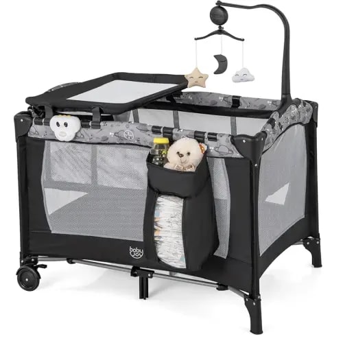 BABY JOY 3 in 1 Pack and Play, Portable Baby Playard with Bassinet, Changing Table, Lockable Wheels, Glowing Music Box, Travel Baby Crib Bassinet Bed from Newborn to Toddler