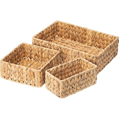FairyHaus Wicker Baskets for Organizing 3Pack, Large and Small Wicker Storage Baskets Set, Hand Woven Baskets for Storage, Natural Water Hyacinth Storage Baskets for Pantry Shelf