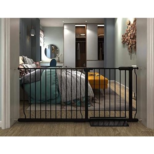 Extra Wide Baby Gate Extra Tall Tension Indoor Safety Gates Black Metal Large Pressure Mount Pet Gate Walk Through Safety Dog Gate for The House Doorways Stairs (57.48"-62.2"/146-158CM, Black)
