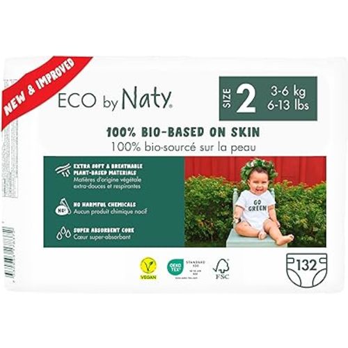 Eco by Naty Eco-Friendly Baby Diapers Newborn - 100% Plant-Based Materials on Skin, Extra Soft, for Sensitive Skin & Super Absorbent (Size 2, 132 Count)